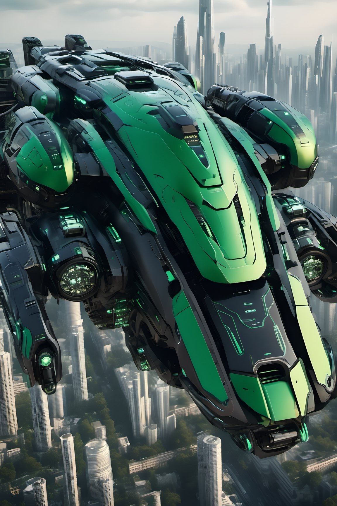  high detail, high tech Matte metal armor Black and green colour, Futuristic cyborg space ship with exterior parts pipes, covers grills,  flying over a futuristic city