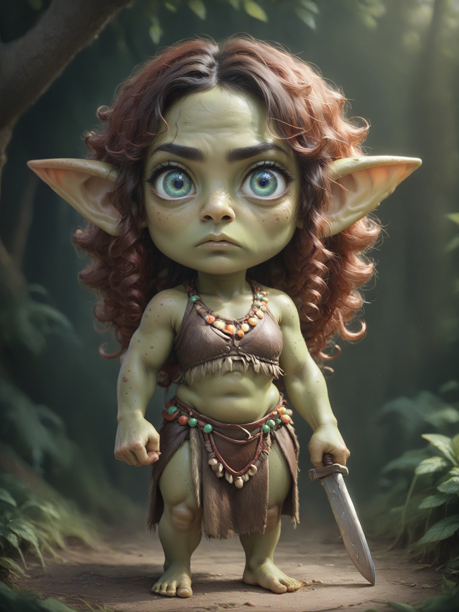 score_9, score_8_up, score_7_up, solo, ((Scottish goblin girl)), shortstack, very large pointy ears, big eyes, athletic build, pouty frown, ((long curly red hair)), (tribal clothes, wearing beads and bones and leather armor and furs), ((green skin)), holding a dead chicken and a knife,