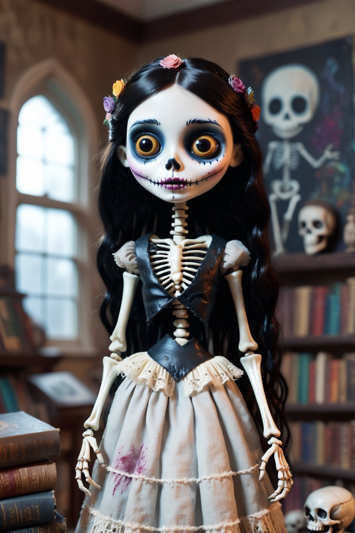 Hyper-realistic, Cinematic Render, ((creepy)) stop motion movie, creepy lighting, Corpse Bride style, full body portrait, young 10-year-old, (charming and beautiful) ((indigenous)) skeleton girl, (pale white skin), mussed black hair, patchwork black Victorian clothes, cut out cloth patches and big stitches, high texture, splashes of colourful paint on clothes, very large brown eyes, (holding ((stack of old books)), dark eye makeup, cute smile, mischievous smile, muted colours, curiosity cabinet in background, strange paintings in background, 3d style, high depth of field, ,chibi,Monster