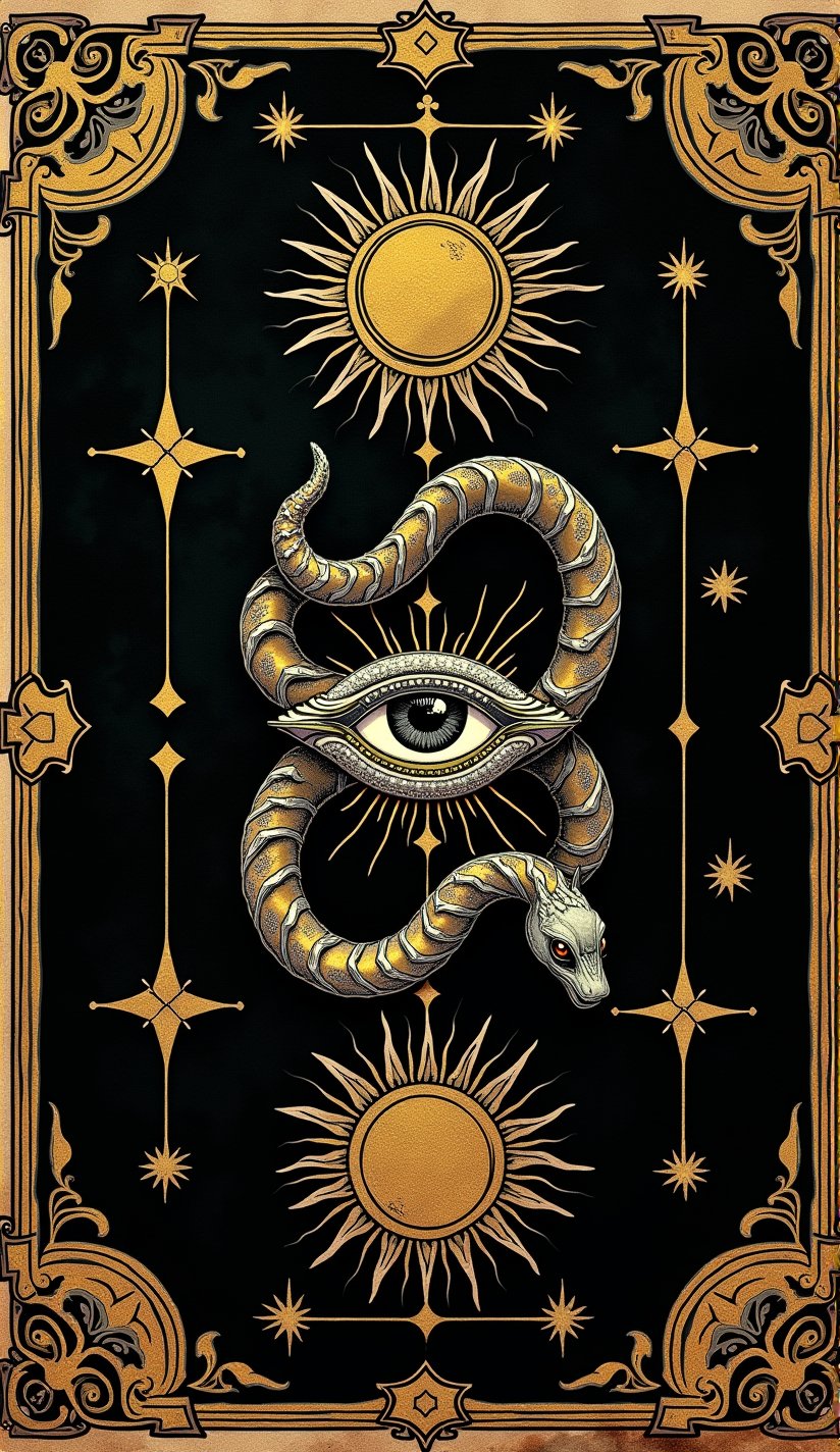 (Tarot Card Style), high quality detailed mystical occult art. (back of Tarot card) Muted colors, detailed occult designs with ornate border. Black background with dark fantasy and occult designs highlighted with gold leaf on old textured paper. Simple Tarot-card frame with occult symbols and stars. a detailed magical snake swirling in an infinity loop around the all-seeing eye in the center of a detailed occult sigil. The design signifies cosmic balance. Tarot-style sun and moon on either side. Mocking bird. Centered composition, rule of thirds