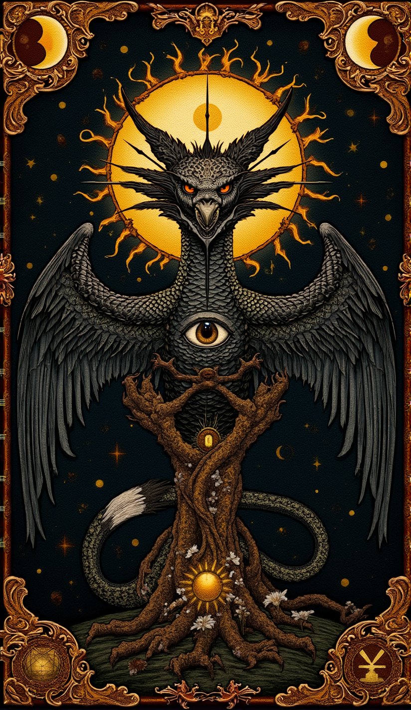 High quality, detailed mystical occult art painted in pre-Raphaelite style and inspired by Dark Fantasy. (Back of a Tarot card) Muted colors, detailed occult designs with ornate border highlighted with gold leaf. Simple Tarot-card frame with occult symbols and stars. All-seeing eye in the center, surrounded by occult sigils and designs. A Japanese dragon with a raven's head fish scales and long branching horns and raven's wings intertwines with Ygrassil the World Tree. The design signifies cosmic balance. Tarot-style sun and moon on either side. Centered composition, rule of thirds. 