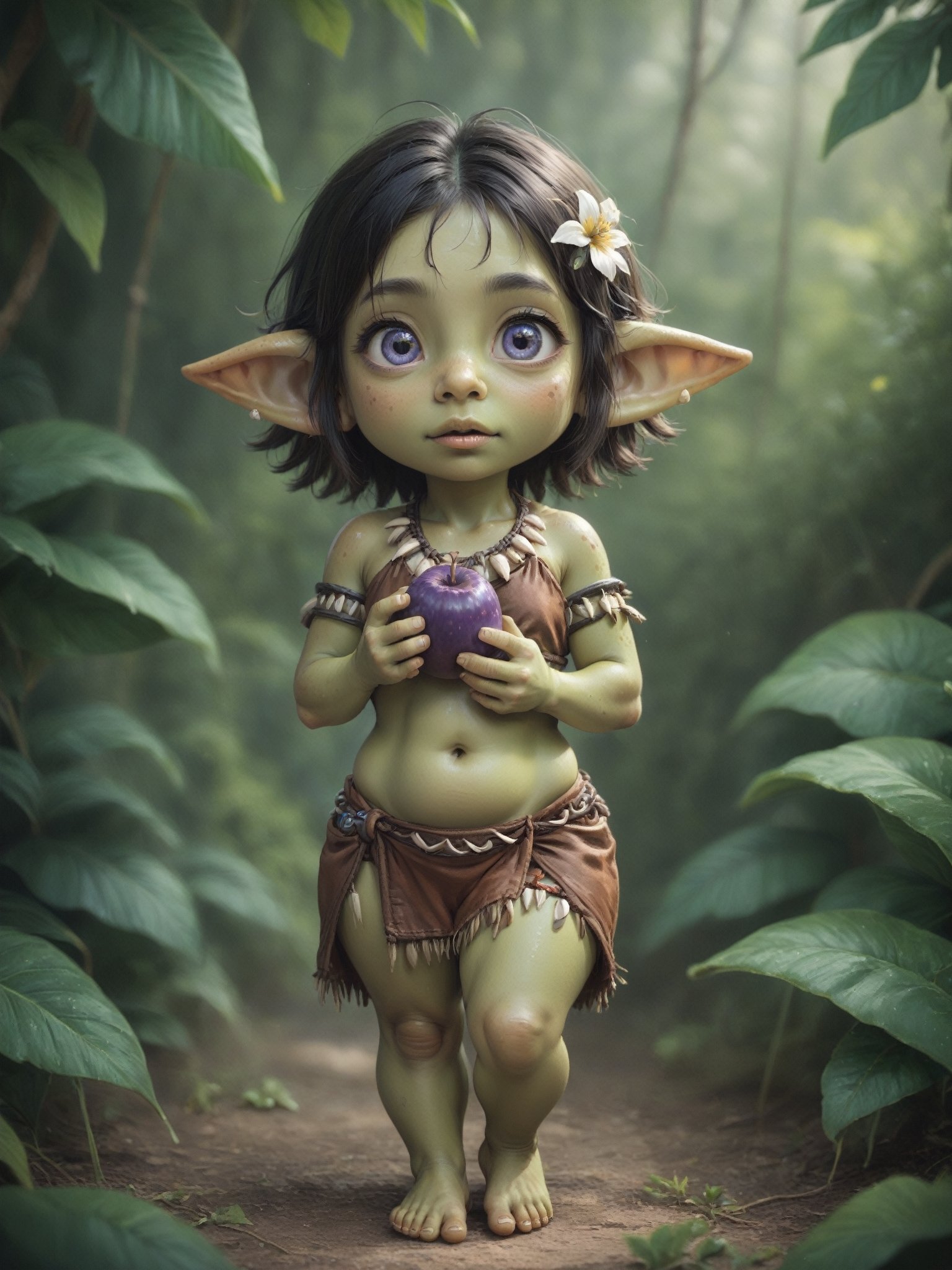 score_9, score_8_up, score_7_up, solo, ((cute, tiny, young goblin girl)), shortstack, very large pointy ears, big eyes, athletic build, curious look, messy short hair with flowers, (tribal clothes, wearing beads and bones and leather and furs), ((green skin)), (holding very large purple fruit), in a fantasy jungle,