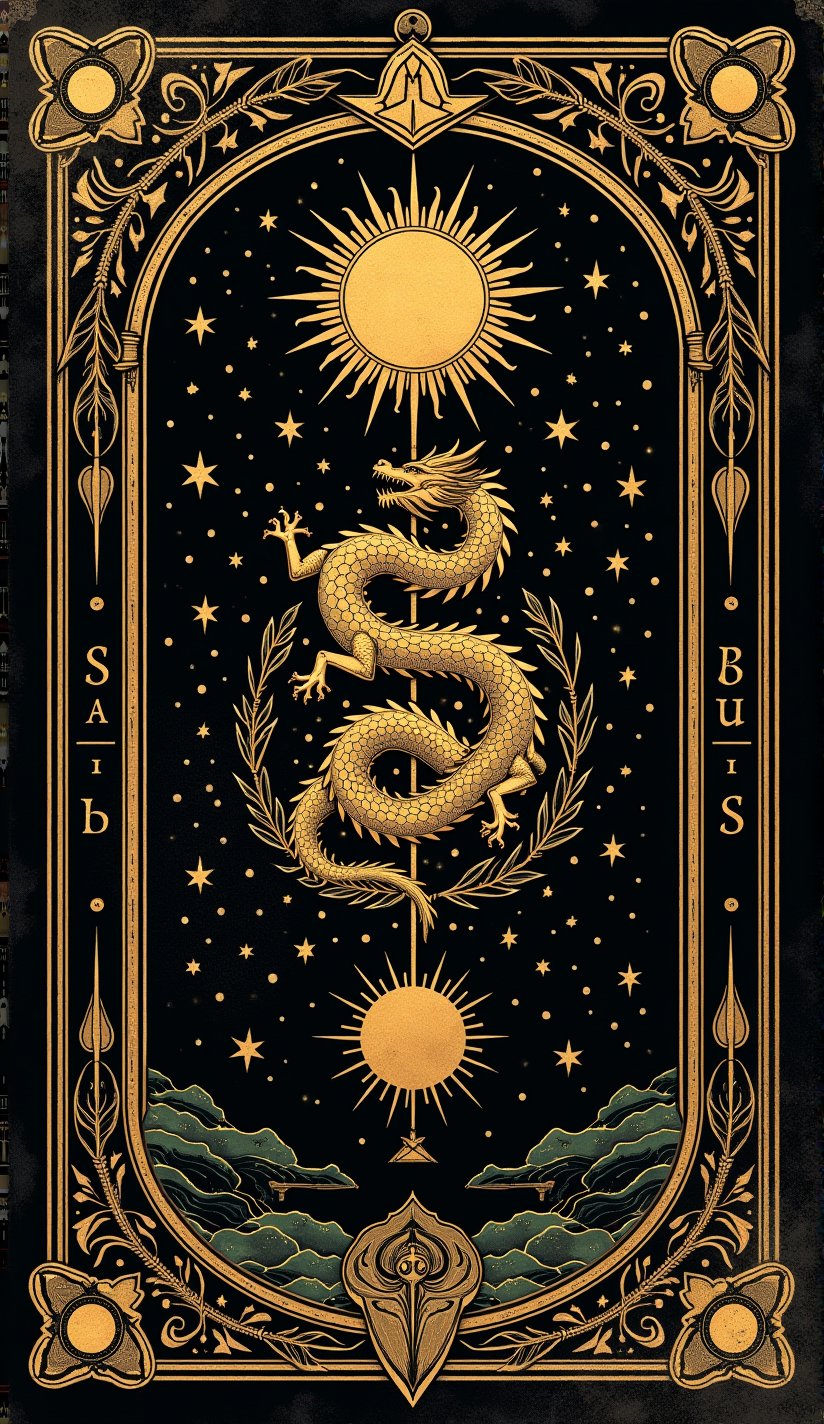 (Tarot Card Style), high quality detailed mystical occult art. (back of Tarot card) Muted colors, detailed occult designs with ornate border. Black background with dark fantasy and occult designs highlighted with gold leaf on old textured paper. Simple Tarot-card frame with occult symbols and stars. a detailed Japanese dragon in the center of a detailed occult sigil. The design signifies cosmic balance. Tarot-style sun and moon on either side. Centered composition, rule of thirds