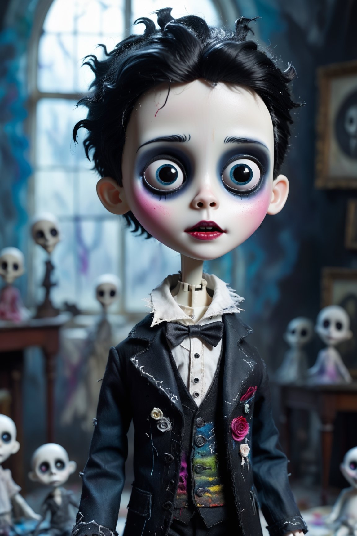 Hyper-realistic, Cinematic Render, ((creepy)) stop motion movie, creepy lighting, Corpse Bride style, full body portrait, young 10-year-old, (charming and handsome) ghost boy, (pale white skin), messy black hair, patchwork black Victorian clothes, cut out cloth patches and big stitches, high texture, splashes of colourful paint on clothes, very large eyes, (holding a ((paintbrush with a creepy face)), dark eye makeup, roguish smile, muted colours, strange paintings in background, (ghosts and bizarre cute monsters in background), 3d style, strong depth of field, chibi,Monster