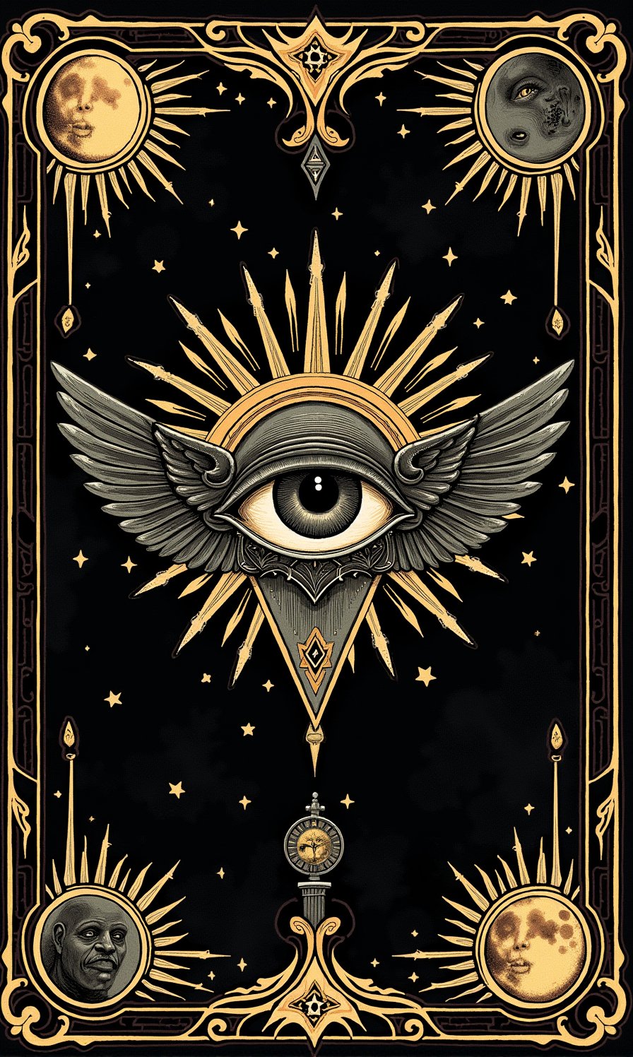 (Tarot Card Style), high quality detailed mystical occult art. (back of Tarot card) Muted colors, detailed occult designs with ornate border. Black background with occult designs highlighted with gold leaf on old textured paper. An all-seeing eye surrounded by a detailed occult sigil and pentagram with sun, moon, stars. raven wings and bat wings come from behind the eye. The design signifies cosmic balance. Tarot-style sun and moon on either side. Centered composition, rule of thirds.