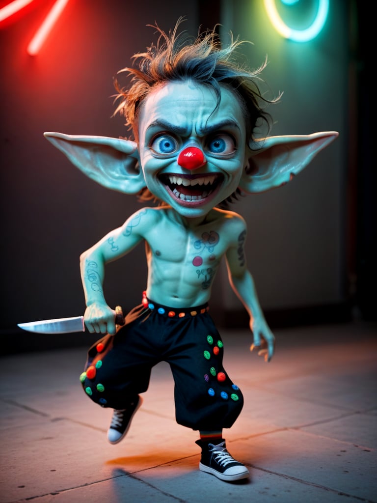 score_9, score_8_up, score_7_up, ((solo)), depth of field, rim-light, (full body), 
((roguish, goblin boy)), (boy:1.8), skinny, very large pointy ears, (very big eyes), crazy eyes, crazy angry look, (messy hair), (clown core outfit), short, (((pale blue skin))), tattoos, ((dancing a crazy dance)), holding a large knife, in a dark neon-lit cyber-punk alleyway, Sci-fi ,neon photography style, (chibi:0.95),