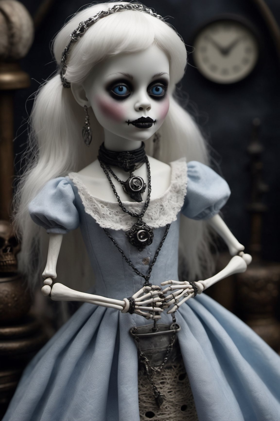 Hyper-realistic, Cinematic Render, fantasy movie, full body portrait, young, tiny, ((very cute)) undead porcelain doll girl, very large eyes, (black and white goth clothing), bangs and pigtails , white hair, blush, chubby, cute smile, blue eyes, ((holding daggers)) , ruby necklaces, bracelets, skeleton clothes, ,(( inside dark Manor)), torches, bones, occult decorations, ,monsters in background ,Monster, inspired by Tim Burton and Guillermo del Toro 