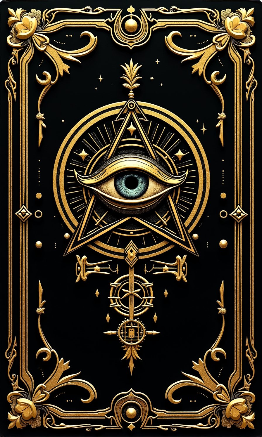 (Tarot Card Style), high quality detailed mystical occult art. (back of Tarot card) Detailed occult designs with ornate border. Black background with occult designs made of gold leaf on old textured paper. An all-seeing eye surrounded by a detailed occult sigil and pentagram design. The design signifies duality and the cosmic balance between life and death, light and dark, good and evil, male and female. Centered composition, rule of thirds.