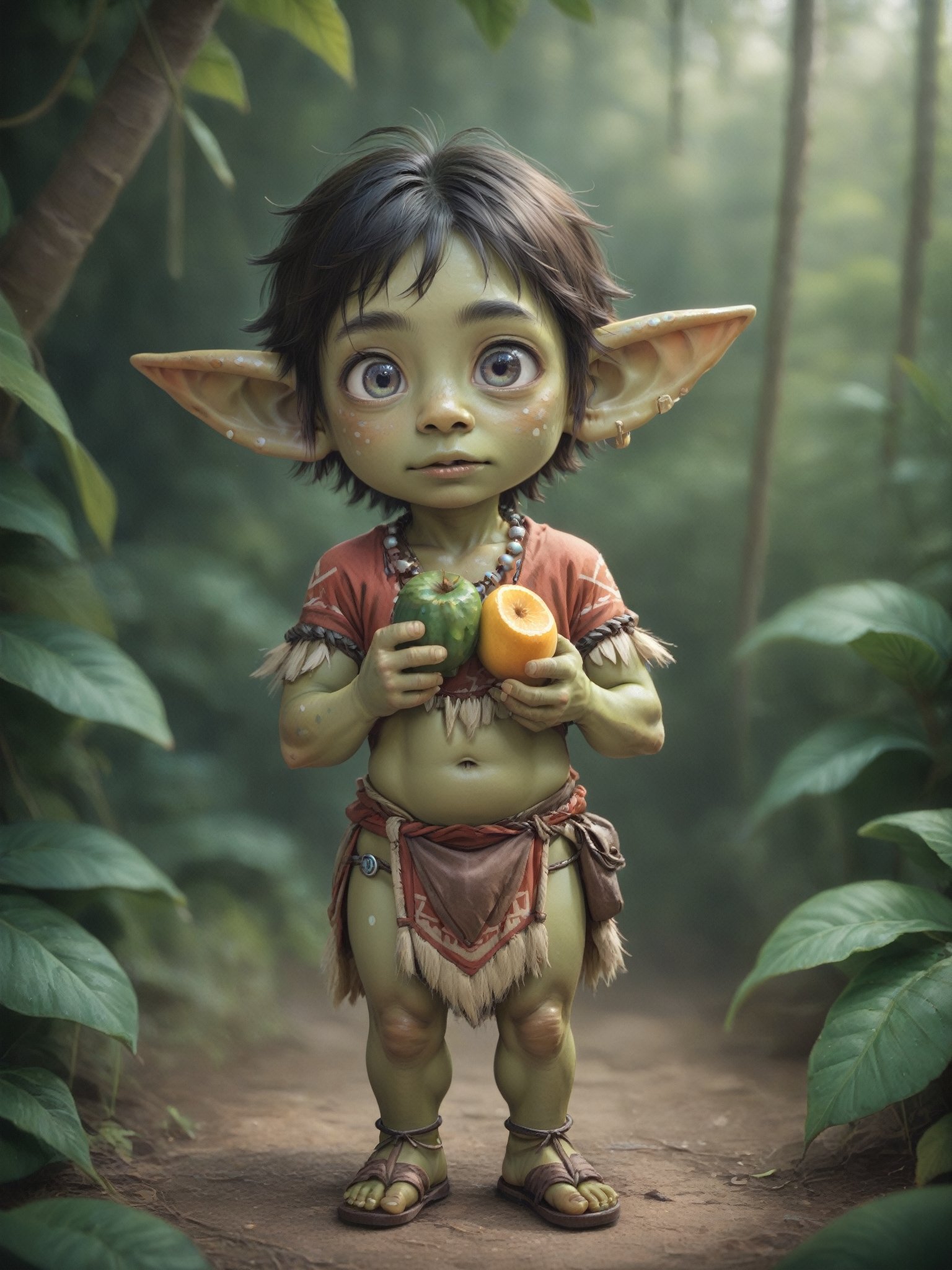 score_9, score_8_up, score_7_up, solo, ((cute, tiny, young asian goblin boy)), shortstack, very large pointy ears, big eyes, athletic build, curious look, messy short hair, (tribal clothes, wearing beads and bones and leather and furs), ((green skin)), (holding very large green and pink spotted fruit), in a fantasy jungle,