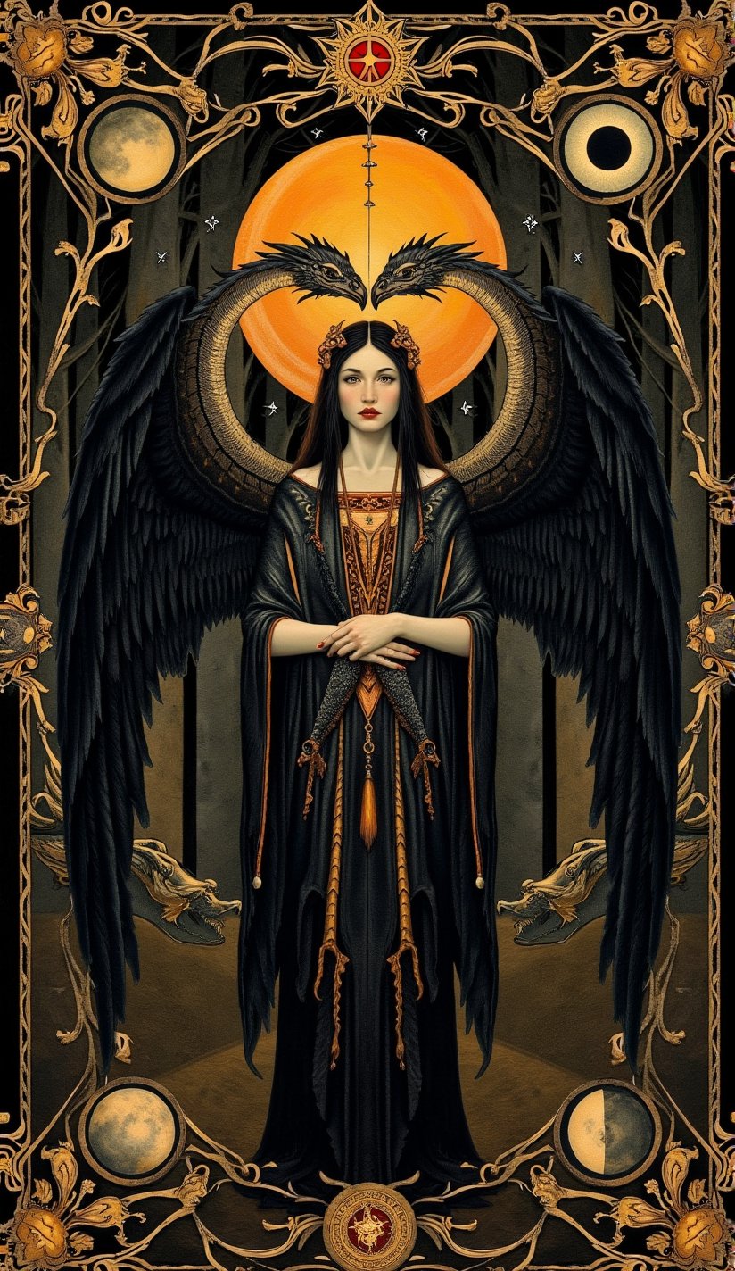 High quality, detailed mystical occult art painted in pre-Raphaelite style and inspired by Dark Fantasy. (Back of a Tarot card) Muted colors, detailed occult designs with ornate border highlighted with gold leaf. Simple Tarot-card frame with occult symbols and stars. All-seeing eye in the center, surrounded by occult sigils and designs. A Japanese woman who holds a dragon with a raven's head fish scales and long branching horns and raven's wings, in a dark fantasy forest of ancient trees. A lunar eclipse overhead. The design signifies cosmic balance. Tarot-style sun and moon on either side. Centered composition, symmetrical, mirrored,