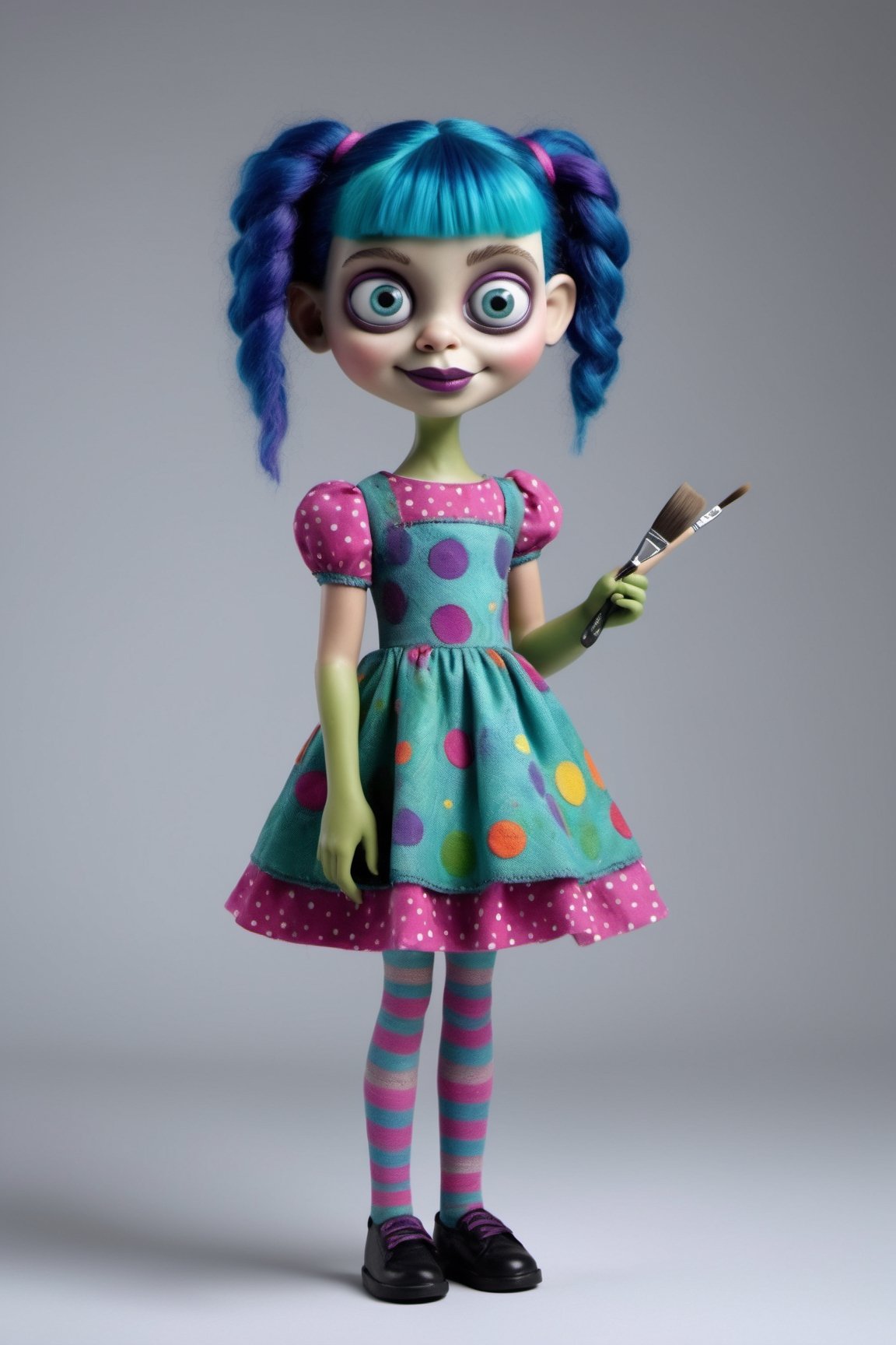 Hyper-realistic, Cinematic Render, creepy stop motion movie, Tim Burton style, full body portrait, young, tiny, ((very cute)) Frankenstein girl, creepy patchwork dress, polka dots, big number 10 on the dress, very large eyes, (holding a paintbrush), bangs and pigtails, magenta and blue hair, green skin, sutures and scars, chubby, cute smile, blue eyes, inspired by Paranorman movie 