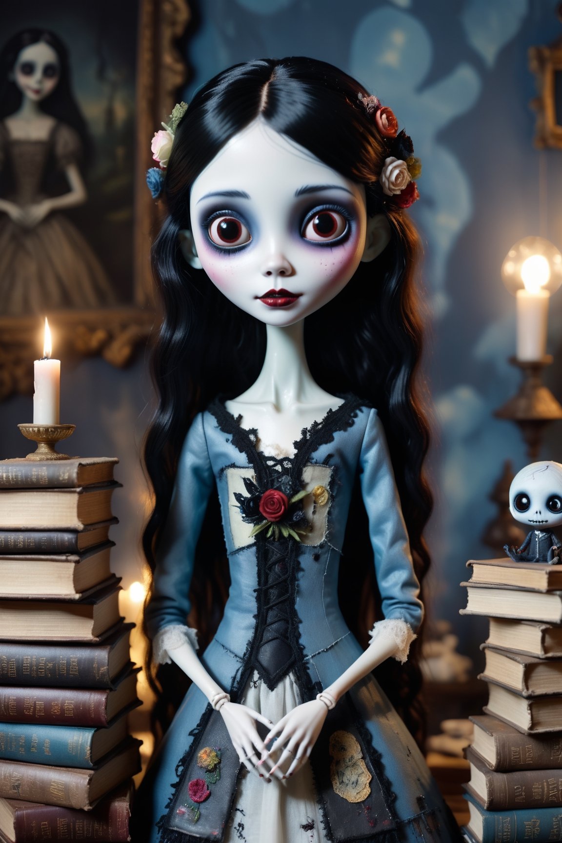 Hyper-realistic, Cinematic Render, ((creepy)) stop motion movie, creepy lighting, Corpse Bride style, full body portrait, young 10-year-old, (charming and beautiful) ((Japanese)) ghost girl, (pale bluish white skin), mussed black hair, patchwork black Victorian clothes, cut out cloth patches and big stitches, high texture, splashes of colourful paint on clothes, very large brown eyes, (holding ((stack of old books)), dark eye makeup, cute smile, mischievous smile, muted colours, curiosity cabinet in background, strange paintings in background, 3d style, high depth of field, ,chibi,Monster