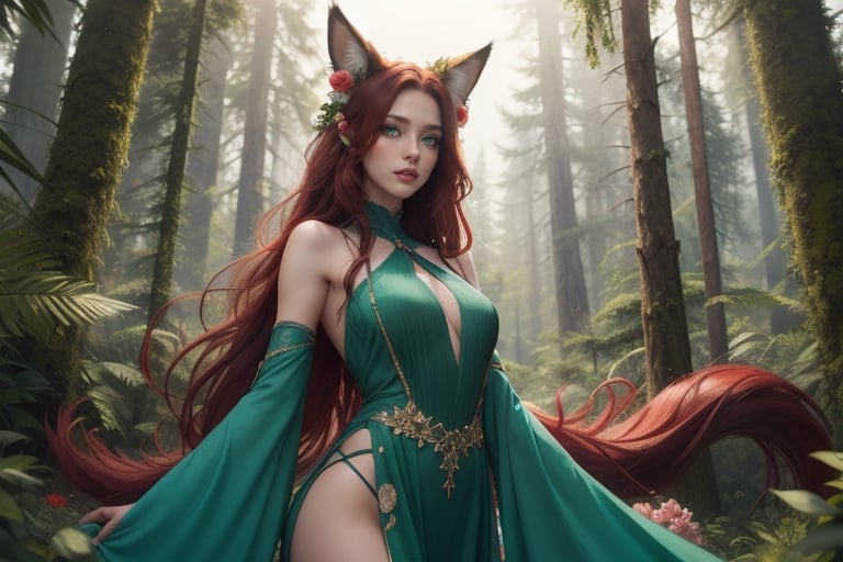 Beautiful woman fox ears fluffy tail Fiery red  very long hair green eyes long green dress with flowers rainy forest 