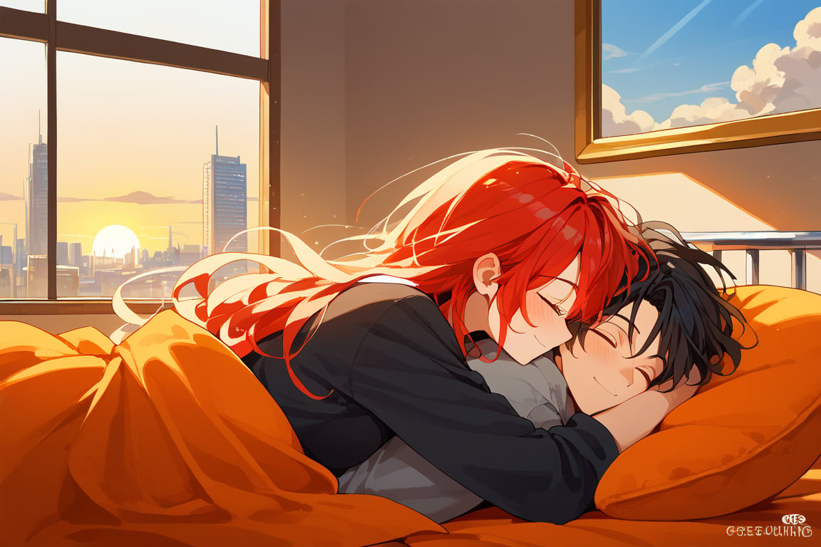 score_9, score_8_up, score_7_up, score_6_up, score_5_up, score_4_up,

1girl (red hair), long_hair, hug, 1boy (black hair), a very handsome man, boy and girl lying on the orange couch, inside of department, boy hugs the girl from behind, covered with a brown blanket, eyes closed, smiling,girl wearing a sexy top, hetero, black clothes, image far from here, crepusculo_sky(picture window) sun, sky, long_sleeves, perfect hands, cityscape, jaeggernawt,girlnohead