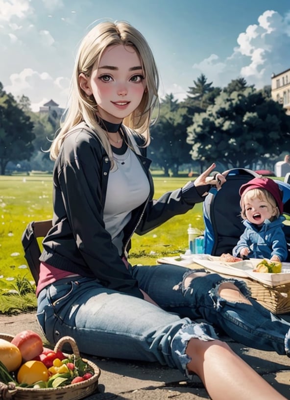 Iofi a 20 year old girl and a baby-boy at a picnic on a beautiful day, blonde long hair girl, happy girl,