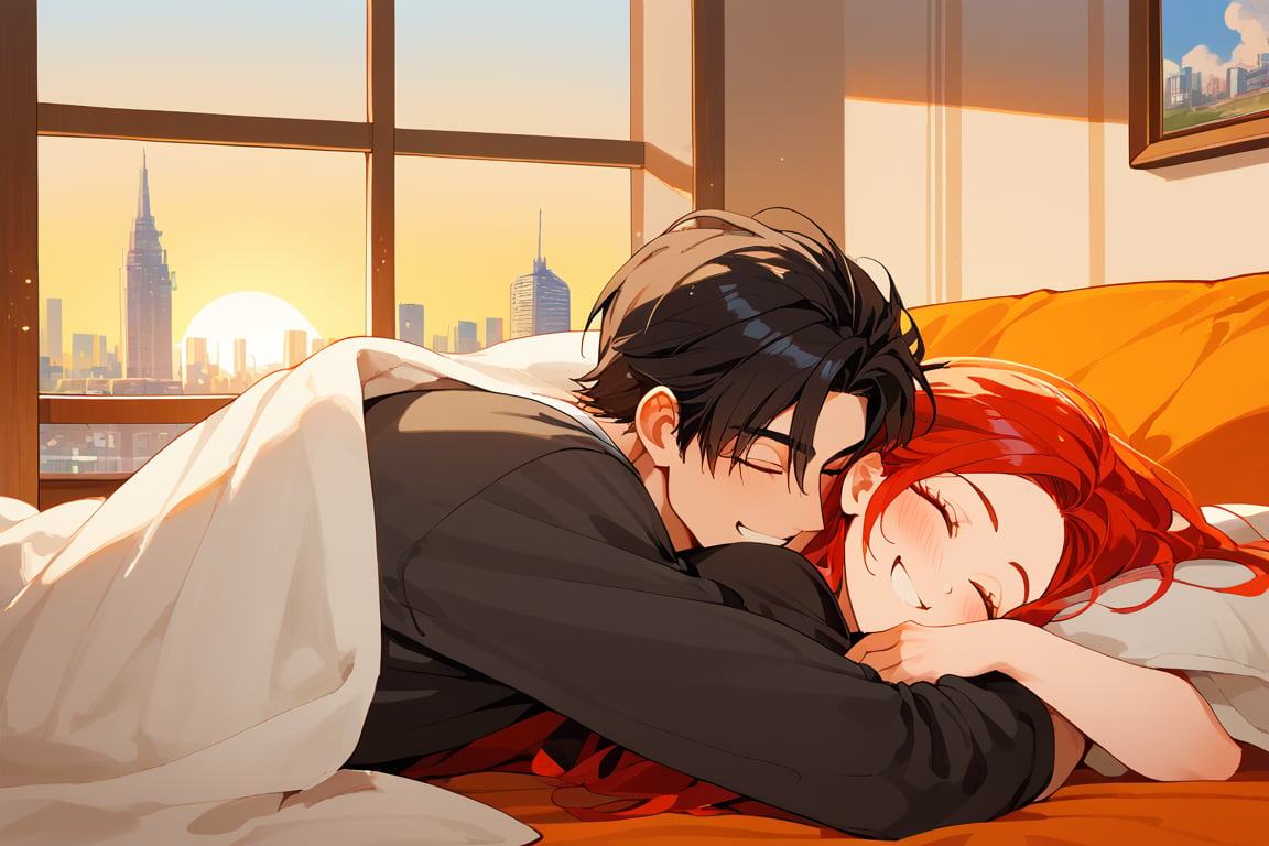 score_9, score_8_up, score_7_up, score_6_up, score_5_up, score_4_up,

1girl (red hair), long_hair, hug, 1boy (black hair), a very handsome man, boy and girl lying on the orange couch, inside of department, boy hugs the girl from behind, covered with a brown blanket, eyes closed, smiling,girl wearing a sexy top, hetero, black clothes, image far from here, crepusculo_sky(picture window) sun, sky, long_sleeves, perfect hands, cityscape, jaeggernawt,girlnohead