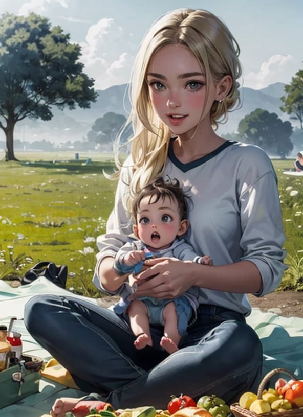 Iofi a 20 year old girl and a baby-boy at a picnic on a beautiful day, blonde long hair girl, happy girl,