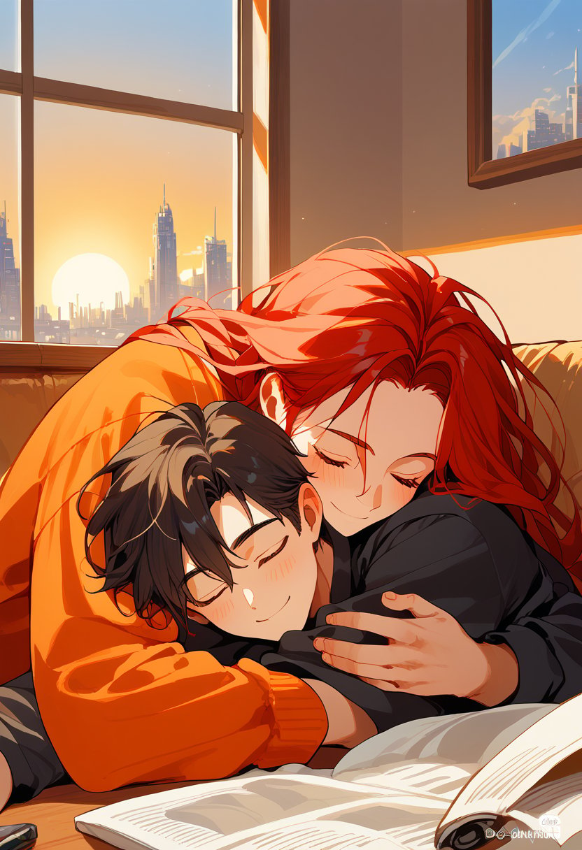 score_9, score_8_up, score_7_up, score_6_up, score_5_up, score_4_up,

1girl (red hair), long_hair, hug, 1boy (black hair), a very handsome man, boy and girl lying on the orange couch, inside of department, boy hugs the girl from behind, covered with a brown blanket, eyes closed, smiling,brown coffe table (brown)in front with many papers and a laptop on thr table, hetero, black clothes, image far from here, crepusculo_sky(picture window) sun, sky, long_sleeves, perfect hands, cityscape, jaeggernawt,girlnohead