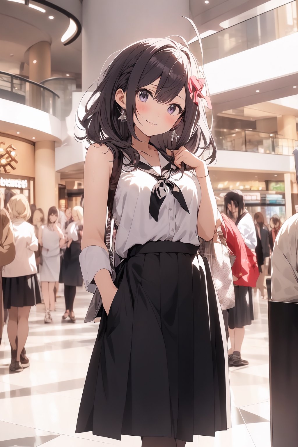 A beautiful anime girl is standing in a mall, she has a ribbon and a long skirt