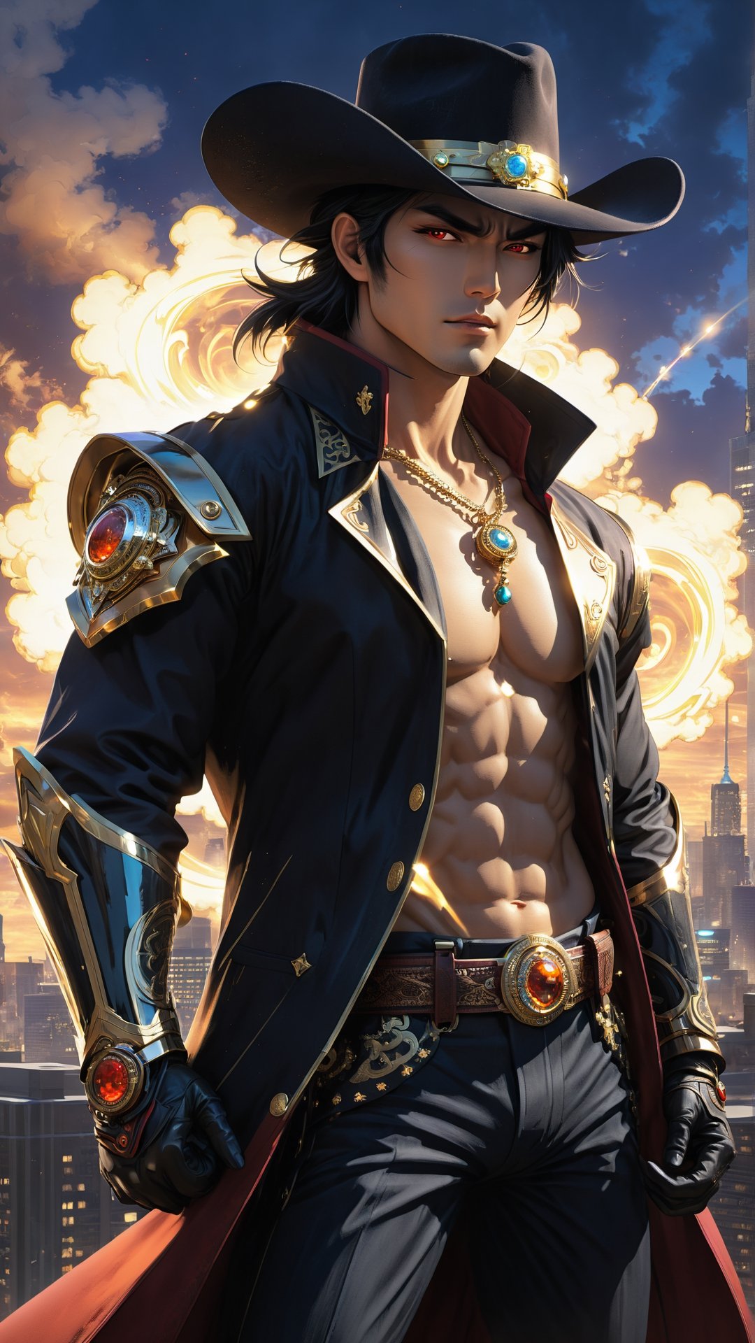A captivating anime illustration of (lucky luck the lonesome cowboy:1.5), transformed into a super powerful and mystic creature. His eyes are filled with energy and power, with a captivating aura surrounding his body. He stands tall, confidently posing with his hands on his hips. The background includes a cinematic cityscape, with towering buildings and a setting sun. The overall atmosphere of the scene is a blend of action and fantasy, with a touch of drama., illustration, cinematic, anime
