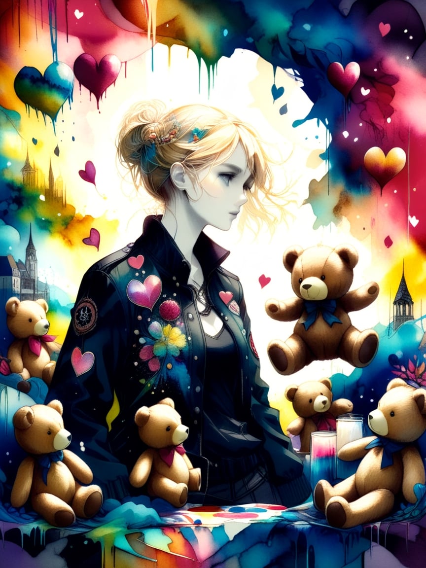 alcohol ink, intricate details, flat illustration, vibrant colors, blond rebel, complex scene, intricate details, collage, multiple images in one art, teddy bears, bolero jacket, hearts, paint splash