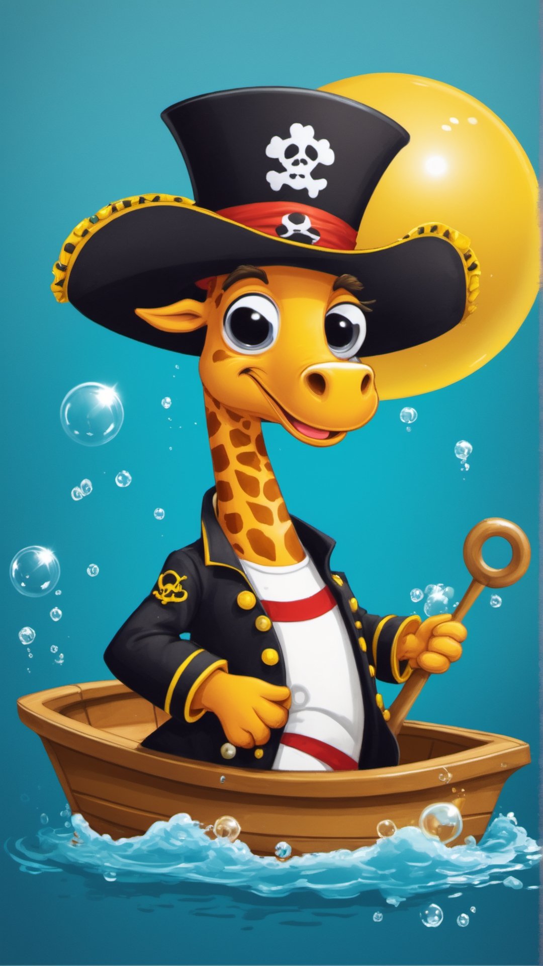 vector anime illustrated Goofy Giraffe Pirate on a Toy Boat: a giraffe character, humorously imagined as a pirate captain, on a tiny toy boat in an oversized bathtub. The giraffe, with a pirate hat, Its aura is a silly mix of bubbles and rubber ducks.