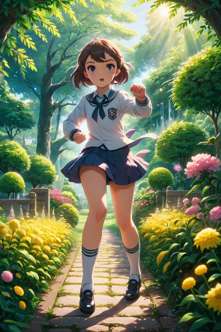 masterpiece, best quality, aesthetic, 
glowing, 1girl, solo, serafuku, school uniform,  garden, battle_stance, fighting_stance