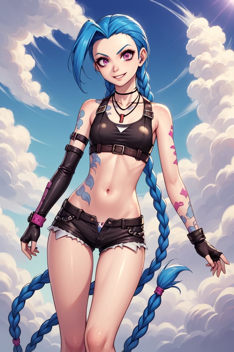 jinx, alluring,illustrative art,
twin braids,small breasts,single elbow glove,short shorts,necklace,fingerless gloves,tattoo,cloud_tattoo,arm_tattoo,jinx