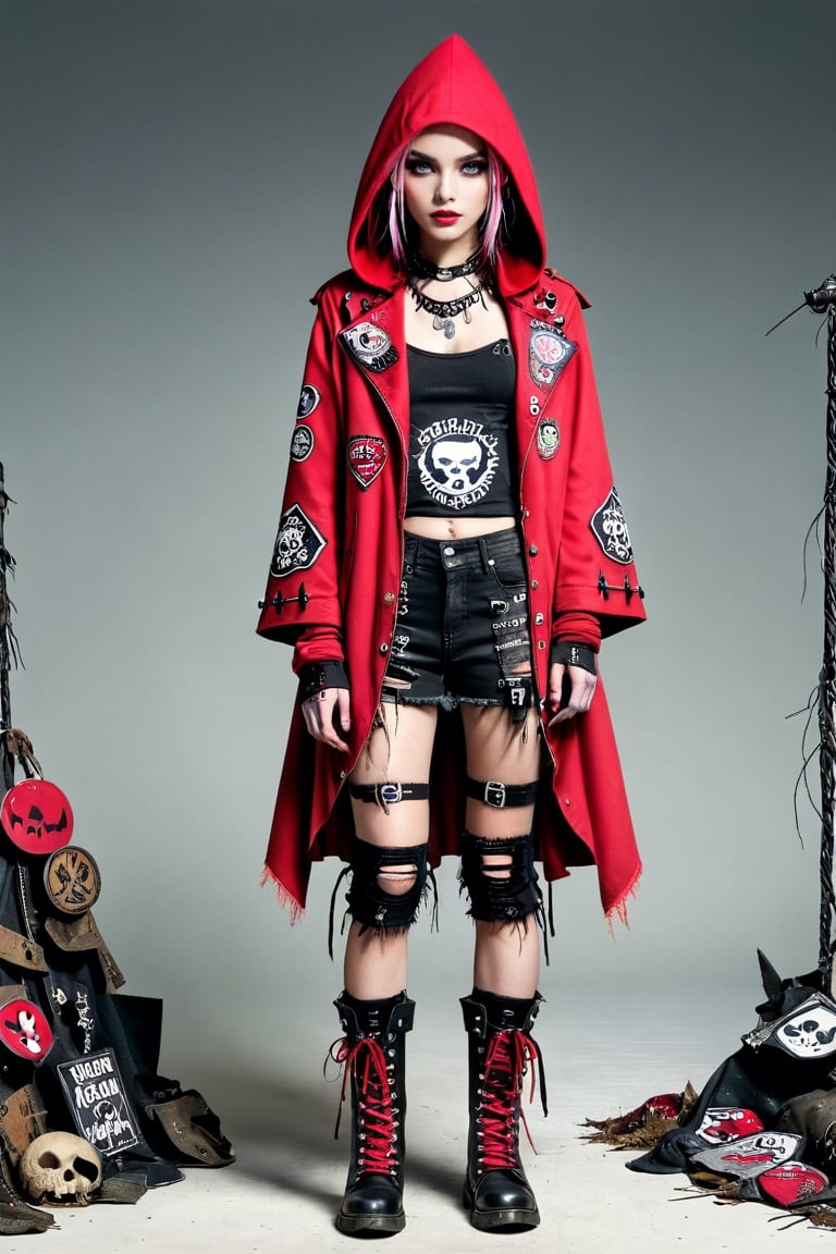 A punk rock version of Little Red Riding Hood, 14, dressed in a rebellious fusion of edgy fashions
(standing:1.2), red hooded cape with torn fishnet accents, adorned with punk-inspired patches and pins. Septum earrings, more calls, ratty dreads, more patches, crust-core, anti-union designs, dirty torn studded spike leather jackets, hardcore punk style jackets, lot punk badges, military boots laced up her legs,,Rebellin, Dal,Pink Emo,ct-niji2,BugCraft,dal,glass