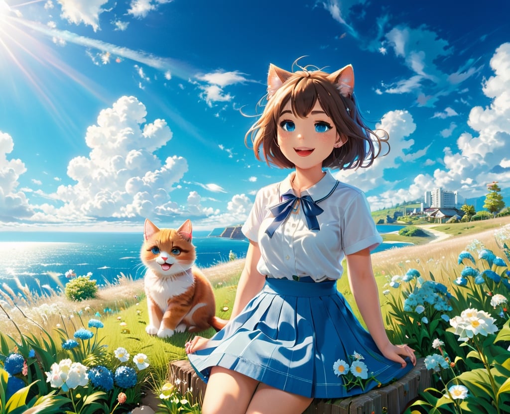 anime, flat colors, vector, score_9, score_8_up, score_8,
1girl, solo, blush, smile, short hair, open mouth, with a cat, bangs, blue eyes, skirt, brown hair, shirt, sitting, white shirt, flower, short sleeves, pleated skirt, outdoors, sky, day, cloud, medium hair, blue sky, blue skirt, ocean, animal, sunlight, cat, cloudy sky, grass, plant, white flower, wind, scenery, sun, horizon, indian style