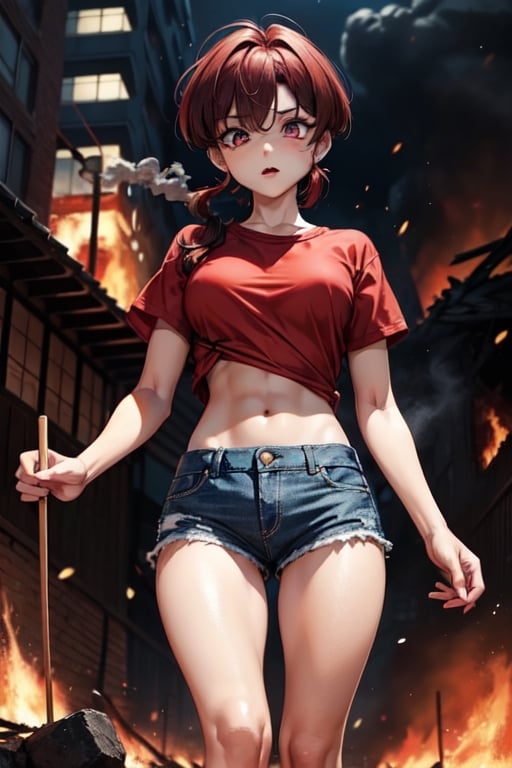 Visualize a mature, 40-year-old Ranma Saotome in her female form from 'Ranma ½.' She possesses a cute face with long, fiery red hair that cascades around her. Her body, though skinny, is incredibly muscular from years of intense battles. She is dressed in a simple yet practical outfit—a red t-shirt and blue denim shorts. Ranma's expression reflects mental exhaustion, a testament to the countless battles she has faced. She stands amidst a scene of chaos, with a burning building in the background, adding an intense and dramatic atmosphere to the image. The flames and smoke create a backdrop that symbolizes the trials and tribulations she has endured throughout her life."

,horror