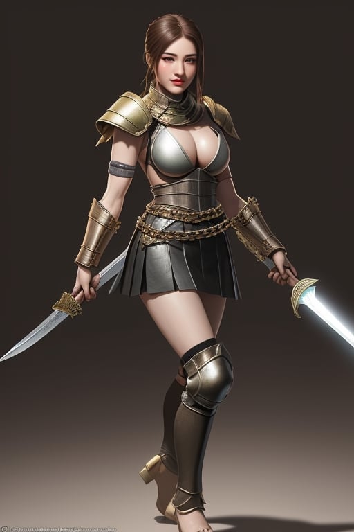 8k, female version of scorpian from mortal kombat, fire metal breastplate armour, chain with pointy blade as weapon in hand,leather skirt brown, ,swords in back,fighting,legs_apart,calm face, seductive smile,
