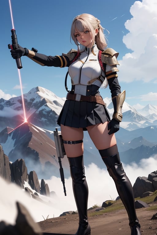 4k,tanned girl,, military_uniform,laser gun,futuristic armor, tied_hair,legs exposed,thighhigh_boots ,metalic skirt ,standing on top of mountain, 