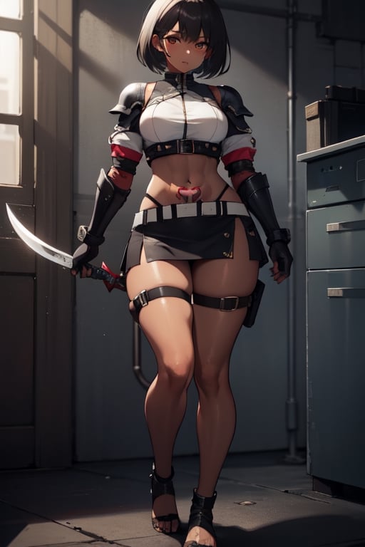 4k ,tall girl ,tom_boy,assassin armour mini skirt,crop tight vest leather brown, oily shiny body, dark skin,short hair black , hidden blade in thigh, legs tattoo ,pretty face ,human_feet