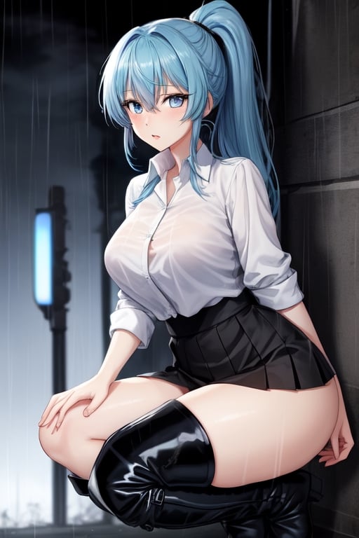 Natsuru Senou ,Kämpfer ,tall girl,blue hair,blue eyes,beautifull eyes,white shirt, untucked shirt ,satin black skirt,long_ponytail,long legs,kneeboots,black fire magic,raining,thick-thighs, 