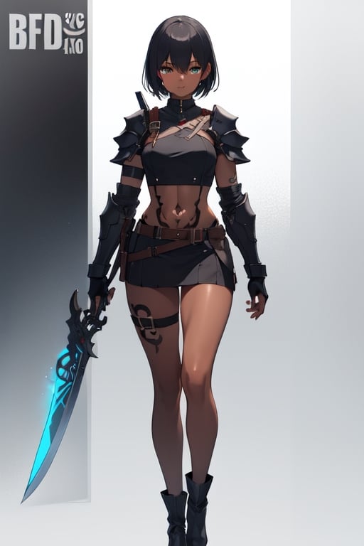 4k ,tall girl ,tom_boy,assassin armour mini skirt, oily shiny body, dark skin,short hair black , hidden blade in thigh, legs tattoo