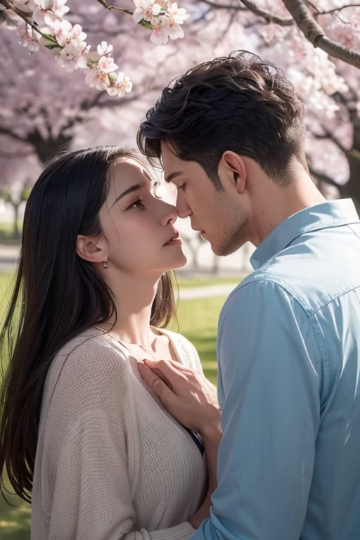 Visualize a poignant scene amidst the beauty of cherry blossom leaves gracefully drifting through the air on a windy day. In this emotional encounter, a younger man, overwhelmed with anger, confronts an older woman. Despite the intensity of emotions, the older woman remains composed, expressing deep regret and apologizing for any pain caused. The setting is enriched with the presence of beautiful leaves dancing in the wind, symbolizing the transient nature of emotions. Both characters, with captivating black eyes, engage in unspoken dialogue as they look into each other's eyes, creating a mutual feeling of connection and understanding. The weather is cloudy, adding a touch of melancholy to this emotionally charged moment