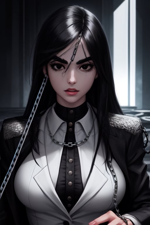 4k, tall girl ,black long hair , chains magic control, realistic,metal  weapons,officie black trouser ,white blazer (module),beautiful face, black eyes , thick eyebrows, hair_tied,black aura