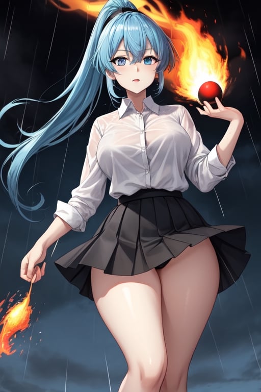 Natsuru Senou ,Kämpfer ,tall girl,blue hair,blue eyes,beautifull eyes,white shirt, untucked shirt,black skirt,long_ponytail,long legs,black shoes, fire ball magic,raining,thick-thighs, 