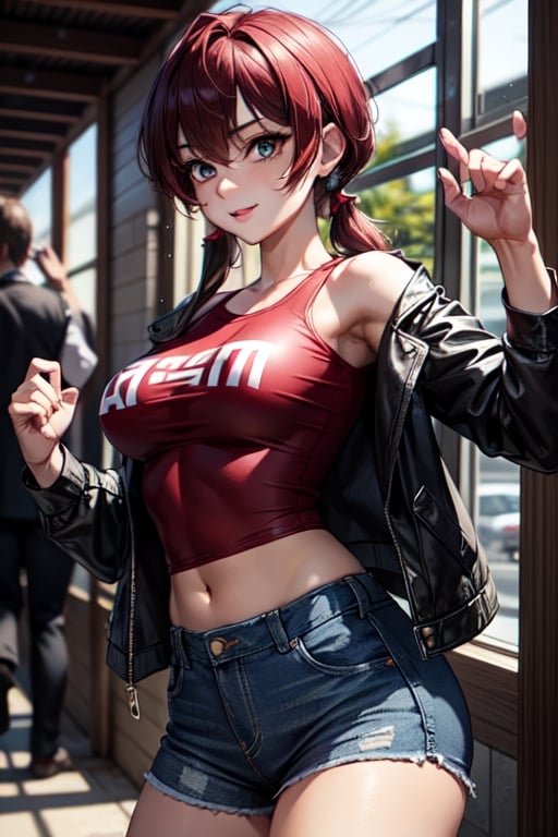 "Visualize Ranma Saotome in her female form from 'Ranma 1/2,' radiating both strength and style. She stands confidently in a bustling school corridor, the epitome of tomboyish charm and athleticism.

Ranma's fiery red hair is cropped short and frames her face with flair, highlighting her tanned skin that bears witness to hours of martial arts training. Her powerful, muscular legs are distinct, a testament to her dedication and discipline in the martial arts. They give her an aura of strength and vitality.

She's dressed in a fashionable yet casual ensemble that suits her dynamic personality. A denim jacket, slung over her shoulders in a carefree manner, adds a touch of coolness to her look. Beneath the jacket, she wears a form-fitting red t-shirt that accentuates her physique, giving her a youthful and energetic appearance. Her outfit is completed with a denim skirt, reflecting her tomboyish nature while maintaining a sense of femininity.

Amidst the bustling school corridor, Ranma's expression exudes confidence and cheerfulness. Her eyes sparkle with a mix of mischief and determination, ready to face the day's adventures and challenges head-on.

This visualization captures Ranma Saotome in her female form, showcasing her dynamic character and strong martial arts background, set in the familiar school environment of 'Ranma 1/2.'"

 