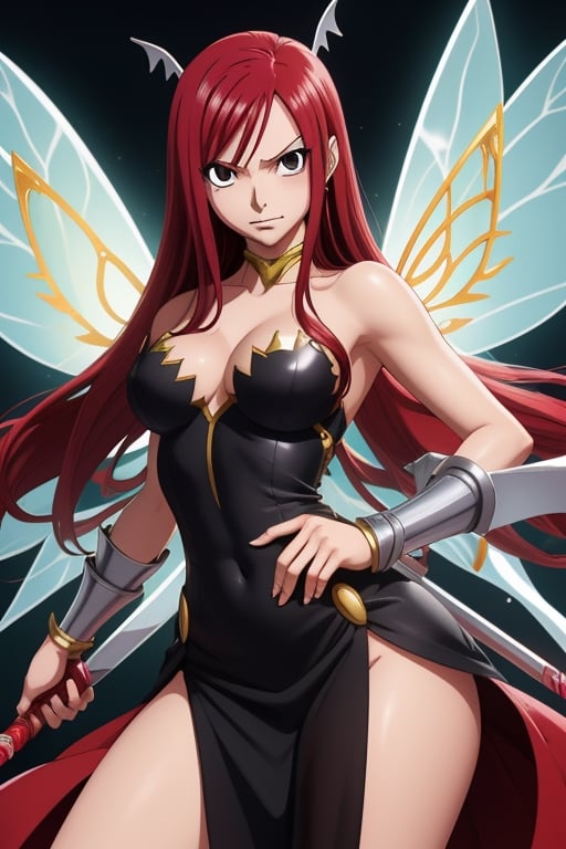 erza scarlet,fairy tail,mini dress amour,shiny dress,warrior,dual spears,metal wings,