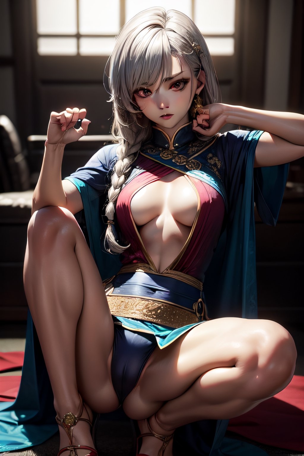 8k , realistic, dressed body exposed, female version of Matsuri Kazamaki from ayakashi triangle , wearing Indian kurti , martial artist physique, strong slim body, embarrassed expression on face , sexual pose , medium_breasts , small waist big hips, silver heels , exposed legs, tanned body