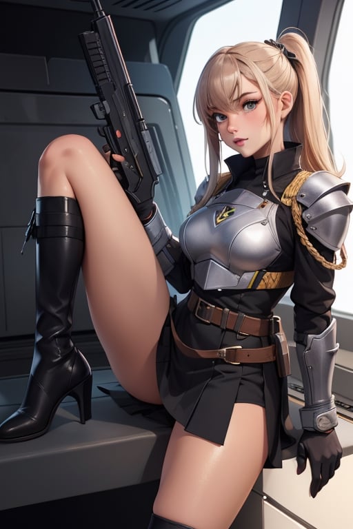 4k,tanned girl,, military_uniform,laser gun,futuristic armor, tied_hair,legs exposed,thighhigh_boots ,metalic skirt