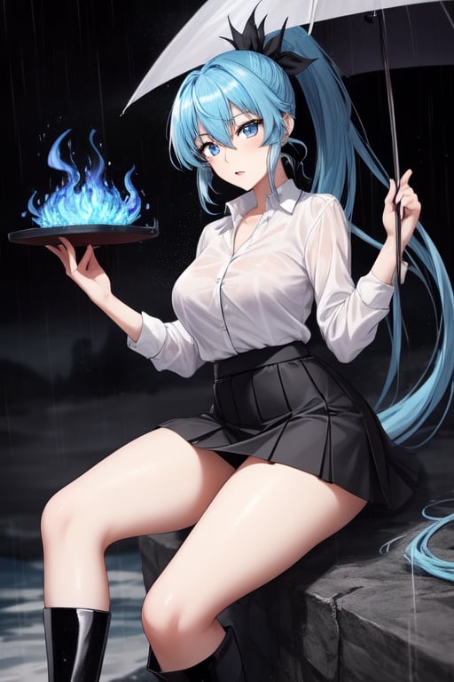 Natsuru Senou ,Kämpfer ,tall girl,blue hair,blue eyes,beautifull eyes,white shirt, untucked shirt ,satin black skirt,long_ponytail,long legs,kneeboots,black fire magic,raining,thick-thighs, 