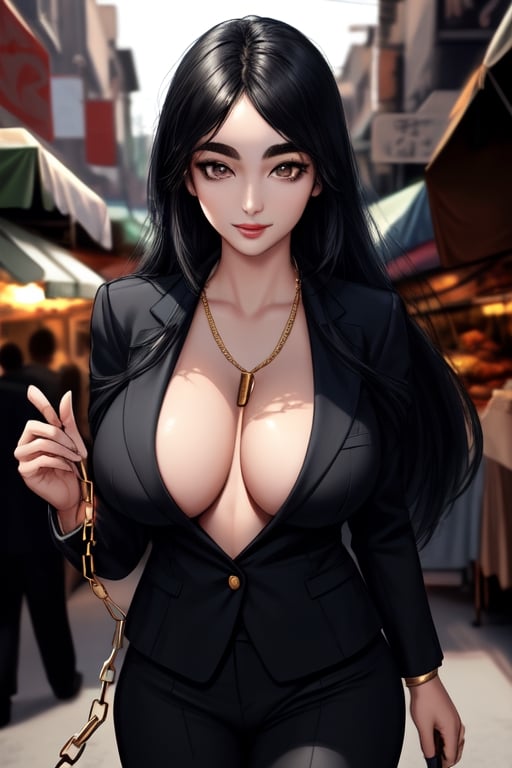 4k, tall girl ,black long hair , chains magic control, realistic,metal  weapons,black trouser ,blazer,beautiful face, black eyes , thick eyebrows, hair_tied,black aura, walking in market ,golden glowing eyes , 