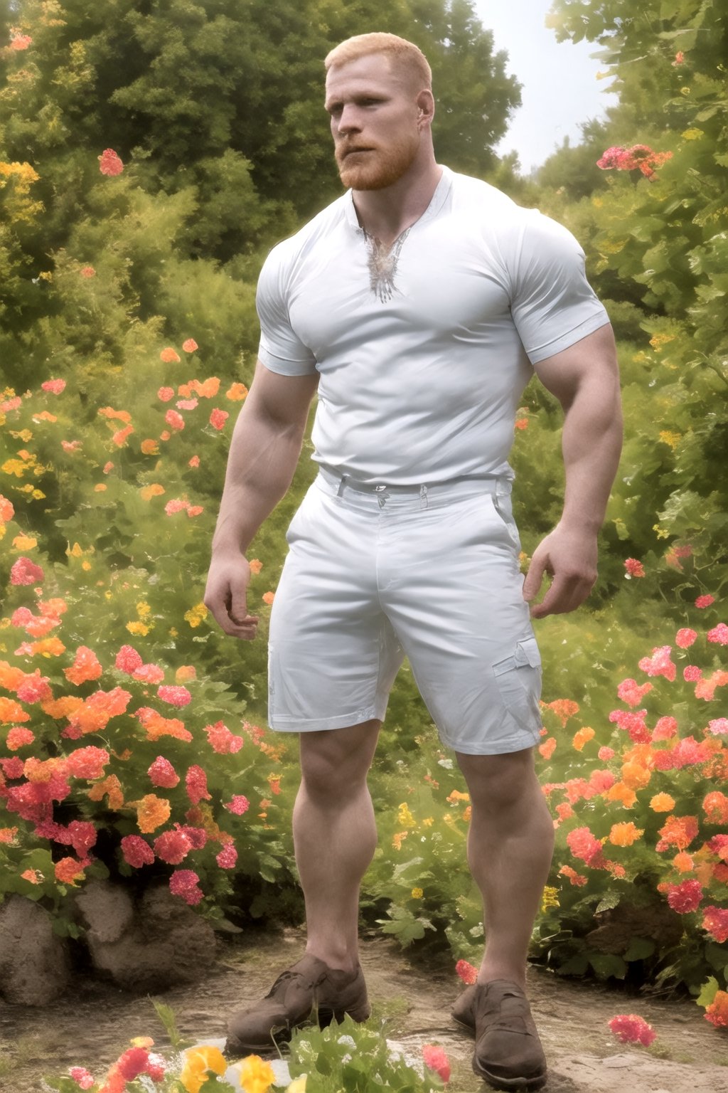 my favorite image of a handsome male miner near flowers, symmetry is excellent, highres image scan,  centrefold, professional  smooth clear clean image, no crop, exceptional well-generated symmetric perfect masculine (lantzer) male miner person, pale ginger short hair, undercut, softglow effect, matte, realistic,photorealistic,Masterpiece