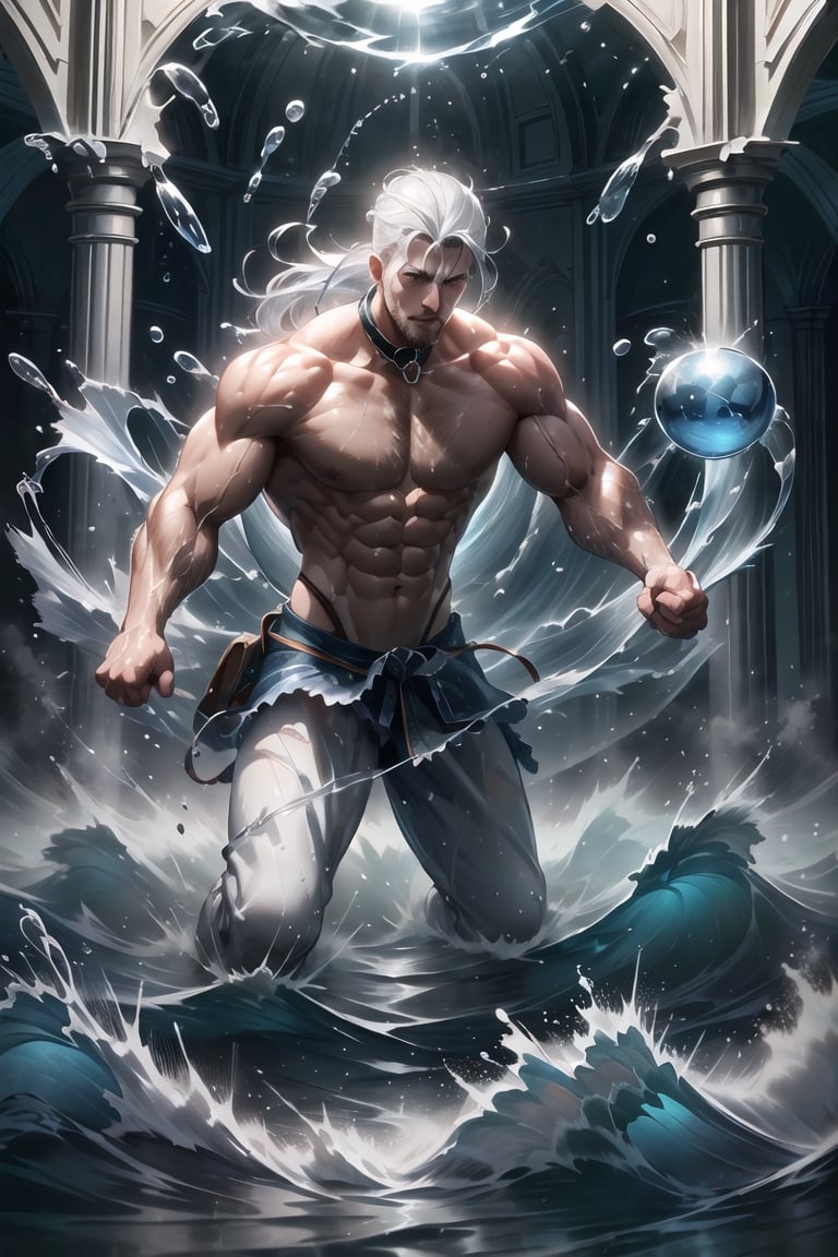 realistic, masterpiece, best quality, natural lighting, soft shadow, insane detail, detailed background, professional photography, depth of field, intricate, detailed face, subsurface scattering, realistic hair, realistic eyes, muscular, masculine, photo of a handsome man, hydr0mancer, water, splashing, hydrokinesis, beard, white hair, casting spell, swirling water magic, water orb, priest vestment, collar, shirt, pants, kneeling, wide shot, indoors, church, stained glass, window, sunlight, (symmetry),hydrotech