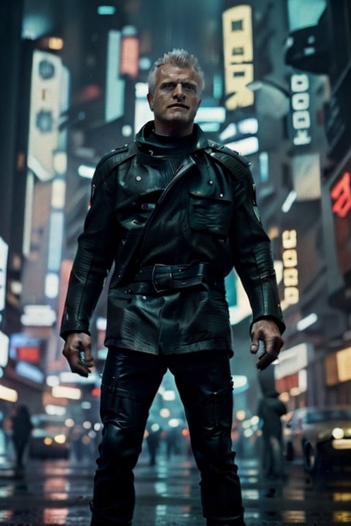 (best quality, high quality):1.3, break, A handsome male android 1man from Blade Runner movie on a cyberpunk crowded street on a rainy night, 27 year old, very short male punk white hair, tall and fit male body, very masculine, best quality male anatomy, realistic male dynamic pose:1.3, dynamic view, break, ultra high res, incredibly absurdres, very clear, real life, photorealistic, epic intricate, cinematic lighting, futuristic colors, blade runner masterpiece, break, (male focus, full height, head and full body in frame, character sharp focus), break, (new, newest, orginal, best aesthetic, hyper realistic style, cinestill, very clear, smooth), 4k 8k 16k 32k 64k 128k, (RAW, photo), (analog style younger Rutger Hauer as an android from Blade Runner movie), perfect symmetry, cyberpunk composition, intricate detailed handsome healthy male face, jovial, brave, 500000dpi, 