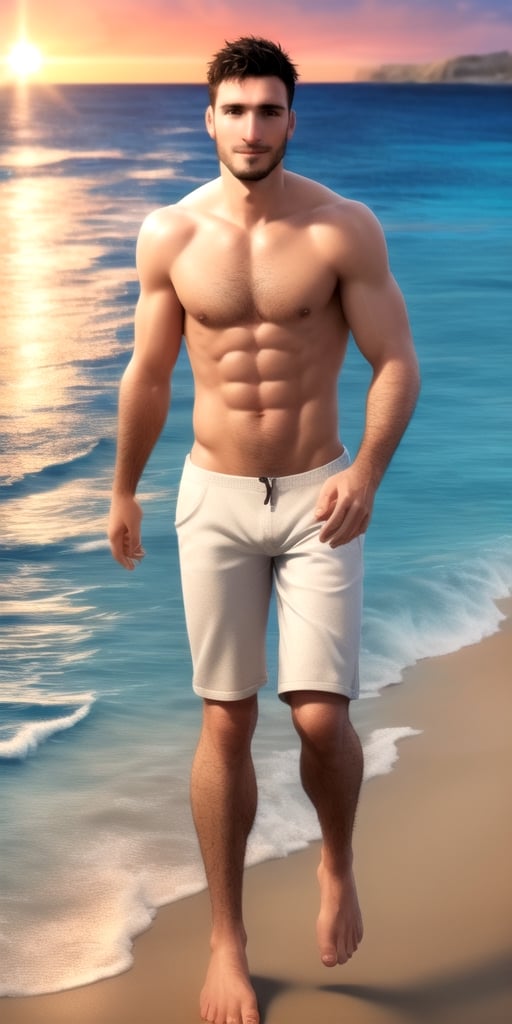 (best quality, high quality):1.4, photo of a handsome very short male hair  hunk man walking at the beach,  30 year old, healthy, jovial, heroic, very thick crooked nose, small pale thin male lips, very long cleft chin, tall, 3d,  ultra short buzzed hair, very masculine realistic walking movement, masculine male clothes only, tropical beach, sunset, , very well drawn symmetric face, absurdres, ,  