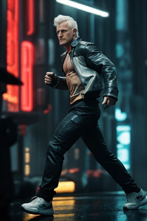 (best quality, high quality):1.3, break, high action movie cinematic dramatic scene of A handsome male android 1man wearing cyberpunk male gym clothes from Blade Runner movie RUNNING on a cyberpunk crowded street on a rainy night, 27 year old, very short male punk white hair, tall and fit male body, very masculine, best quality male anatomy, realistic running movement, dynamic view, break, (high action movie, real action, complex, very cinematic), ultra high res, incredibly absurdres, very clear, real life, photorealistic, epic intricate, cinematic lighting, futuristic colors, blade runner masterpiece, break, (male focus, full height, head and full body in frame, character sharp focus):1.3, break, (new, newest, orginal, best aesthetic, hyper realistic style, cinestill, very clear, smooth), 4k 8k 16k 32k 64k 128k, (RAW, photo), (analog style ((younger)) Rutger Hauer as an android from Blade Runner movie), perfect symmetry, break, (stunning ((handsome)) manly male model), cyberpunk composition, intricate detailed handsome healthy male face, jovial, brave, 500000dpi, 